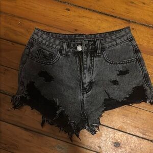SHEIN Black Jean Shorts Distressed Frayed Hem